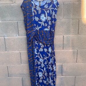 Blue and Brown Full Length Floral Dress With Special Draping